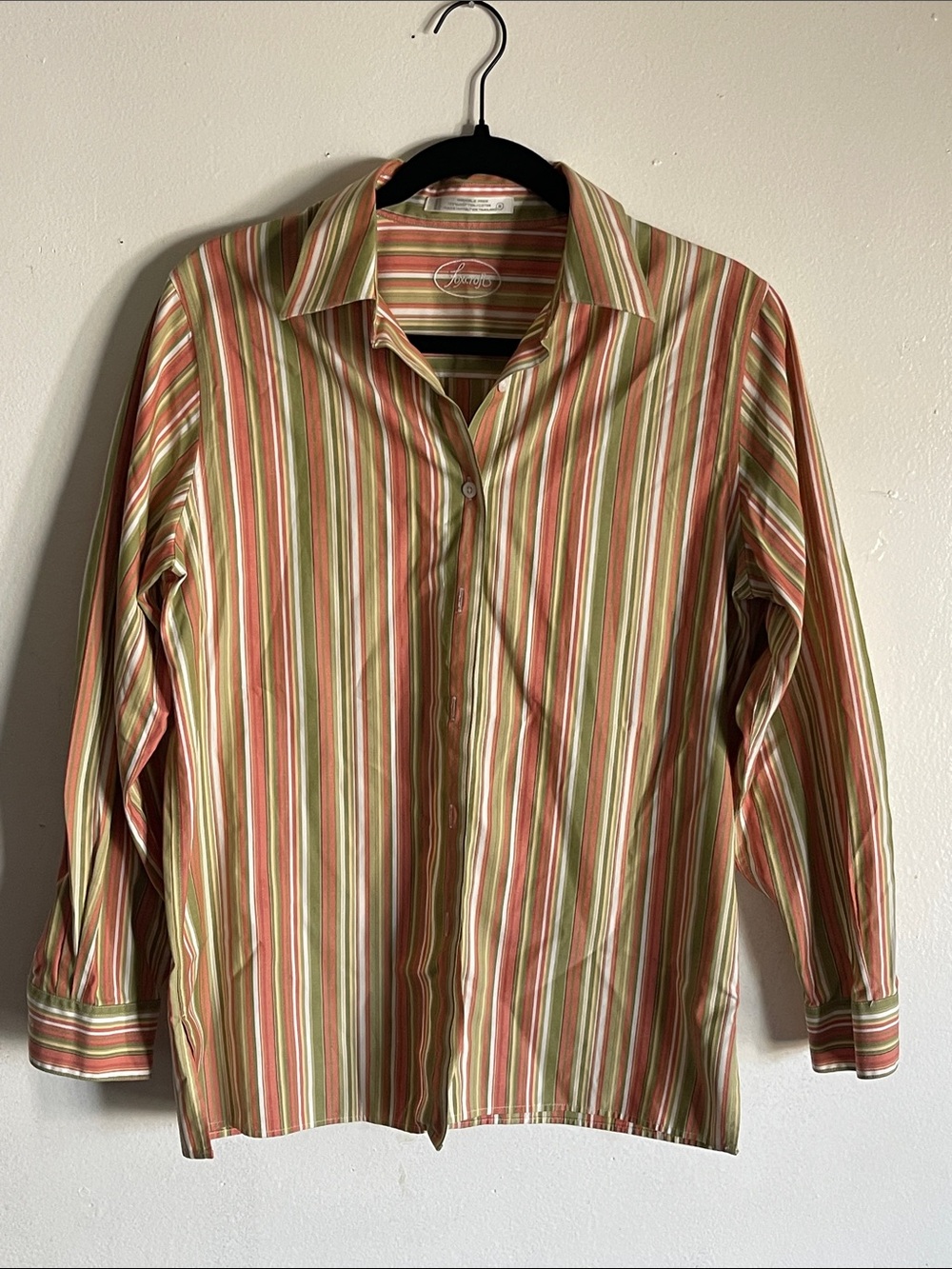 Foxcroft Wrinkle Free Striped Button Front Shirt Sz 8 Pink Green Cotton Shirt